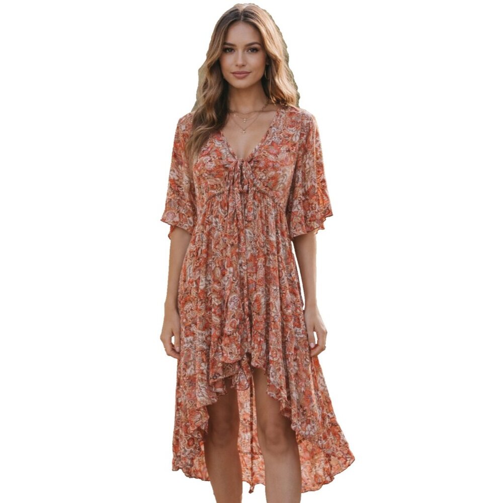 Lush Hi-Low BOHO‎ Dress Small Orange Floral Ruffle Hem Babydoll Cottagecore
